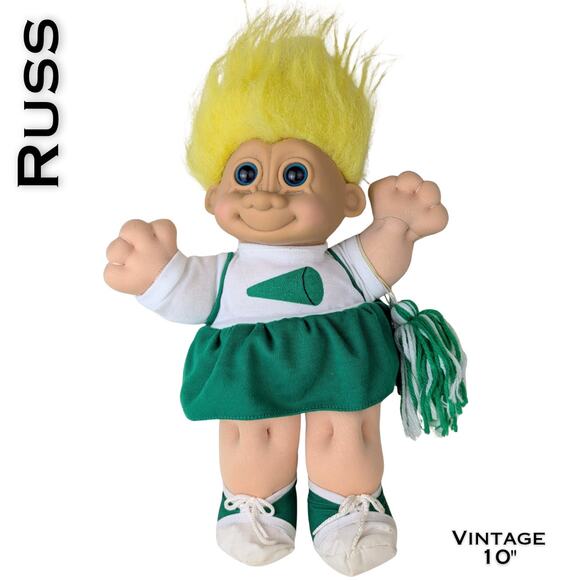 VTG Russ Troll Kidz Cheerleader w/ Tags Soft Body Yellow Hair Green White 12" - Picture 1 of 10